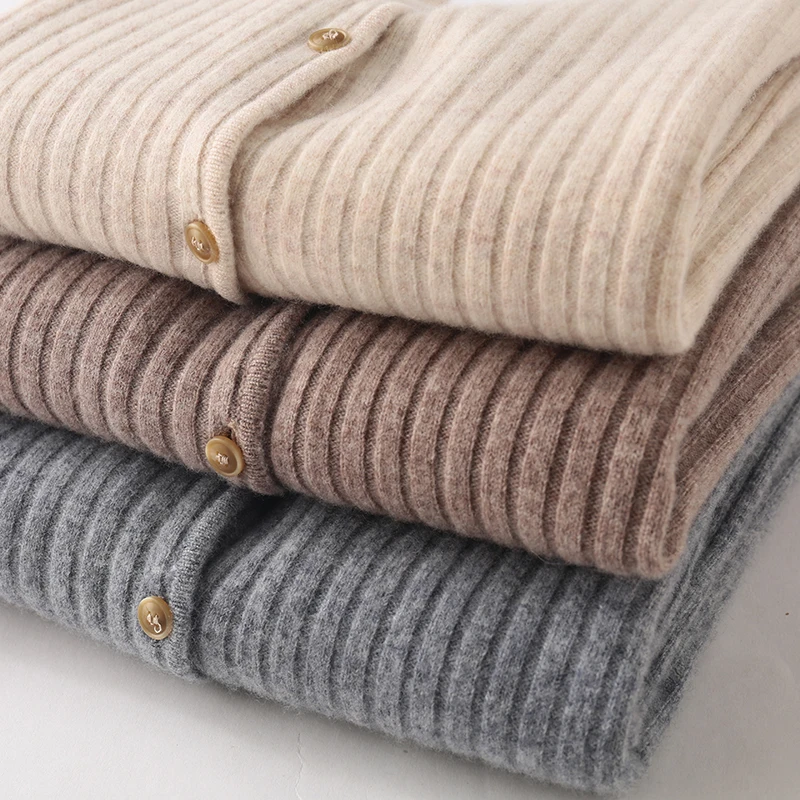 

BELIARST Spring and Summer New 100% Wool Sweater Woman V-Neck Cardigan Draw Stripe Slim Knitted Base Cardigan