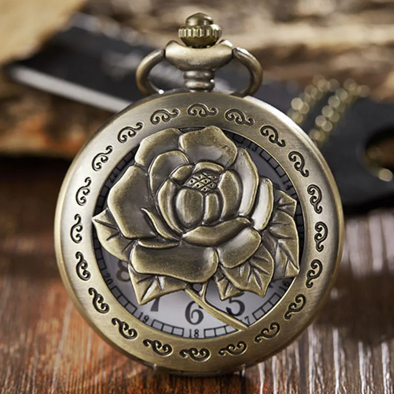 rose fob watch Flower Rose Pocket Watch Fob Clock with Chain Blossom Engraved Clock Men Blossom Bronze Case Watch Vintage Watches for Men Women - Цвет: rose fob watch