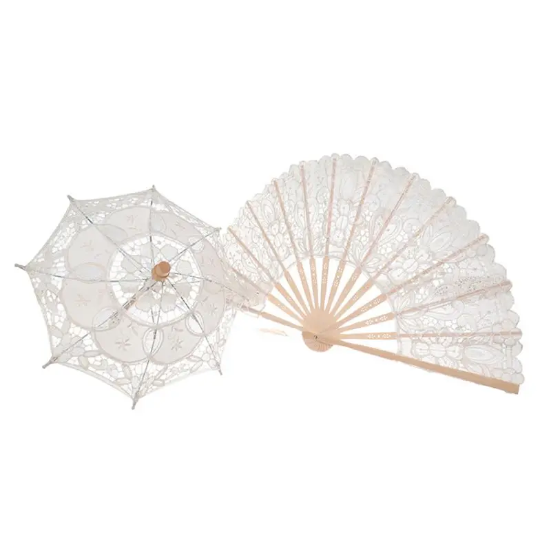 Кружевной декоративный складной веер и маленький кружевной зонт в китайском