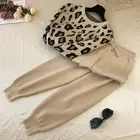 Женский комплект из 2 предметов, трикотажный свитер с леопардовым принтом и брюки в Корейском стиле, весна-осень 2020