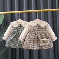 winter new born baby girls clothes outfit velvet warm plaid dress shoulder bag for 1st baby birthday girls clothing dress