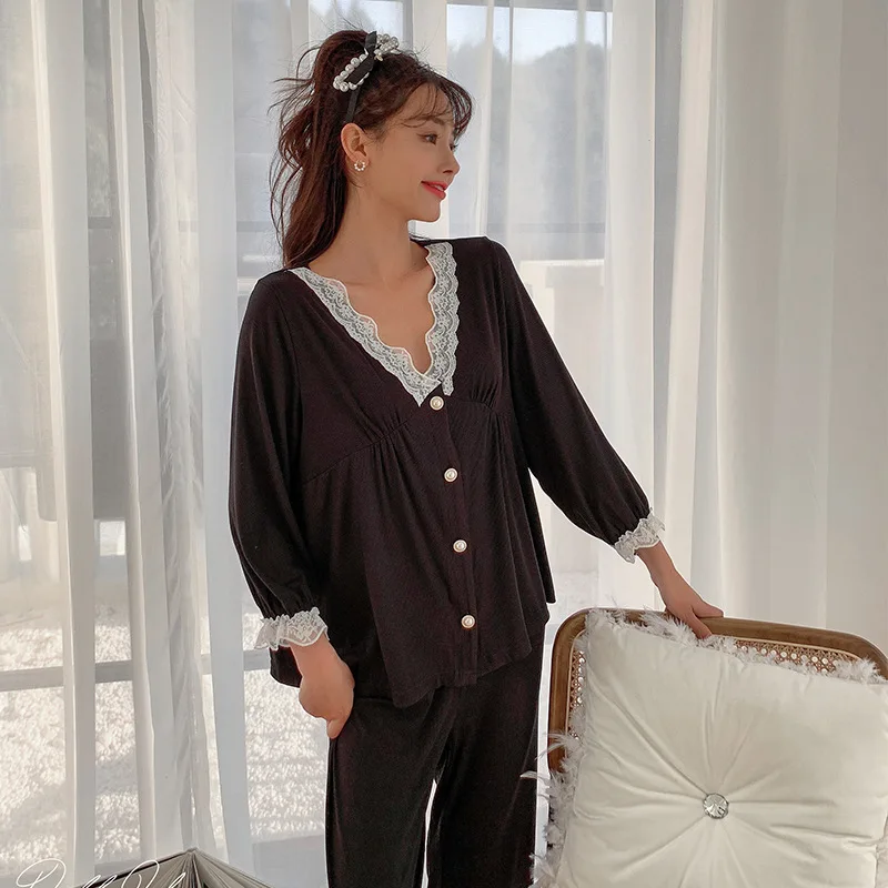 

2021 Pajamas for Women Spring Korean Sweet Elegant Sleepwear Lace Stitching V-neck Cardigan Cotton Nightwear Two-piece Set