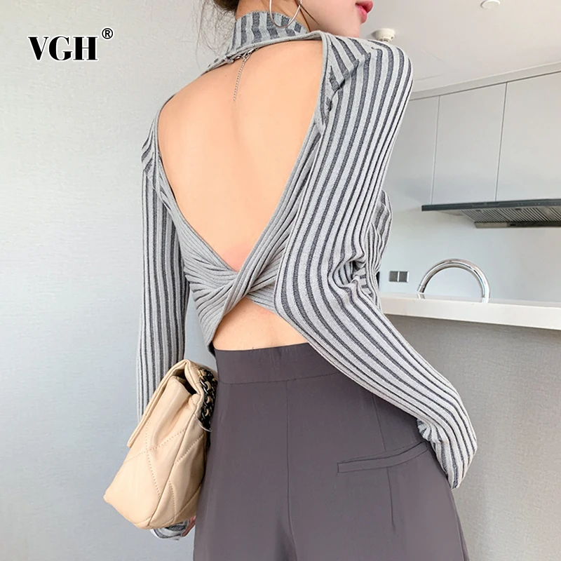 

VGH Cross Backless Sexy Short Tops For Women O Neck Long Sleeve Striped Slim T Shirts Female 2020 Fall Fashion New Clothing