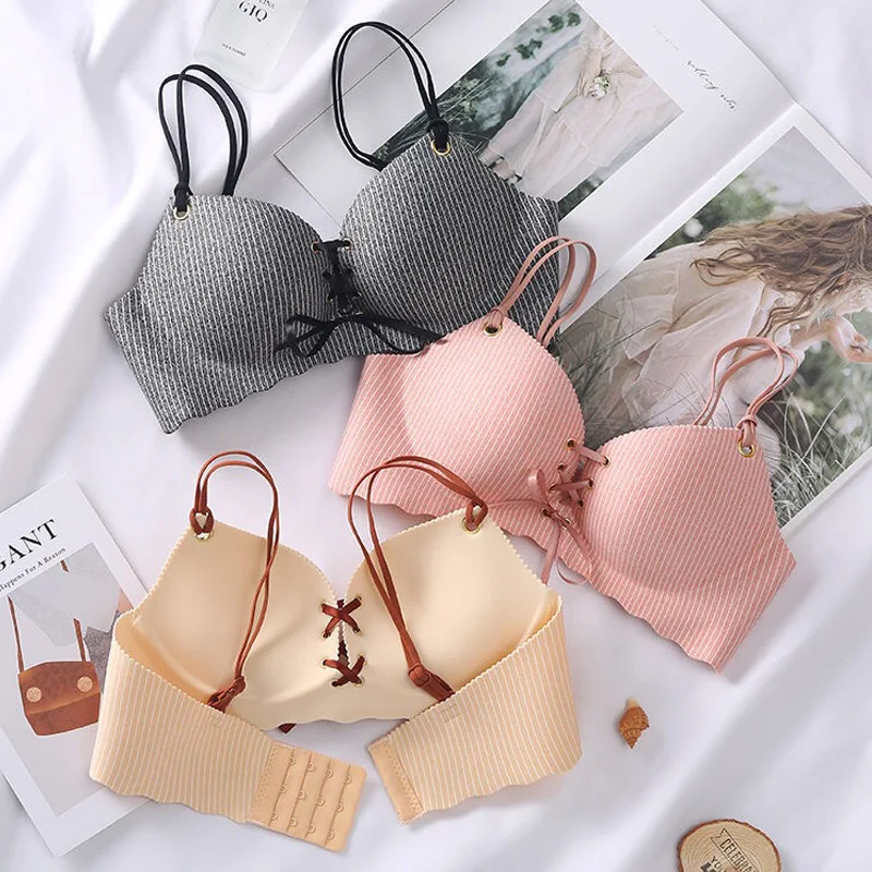 Korean Style Striped Seamless Bras Pink Bralette Push Up Bras and Panty Sets for Women Underwear Brasieres Ropa Interior Mujer