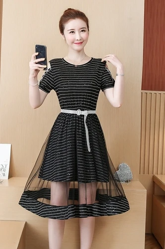 Женское винтажное платье с открытыми плечами Сетчатое составного кроя в полоску