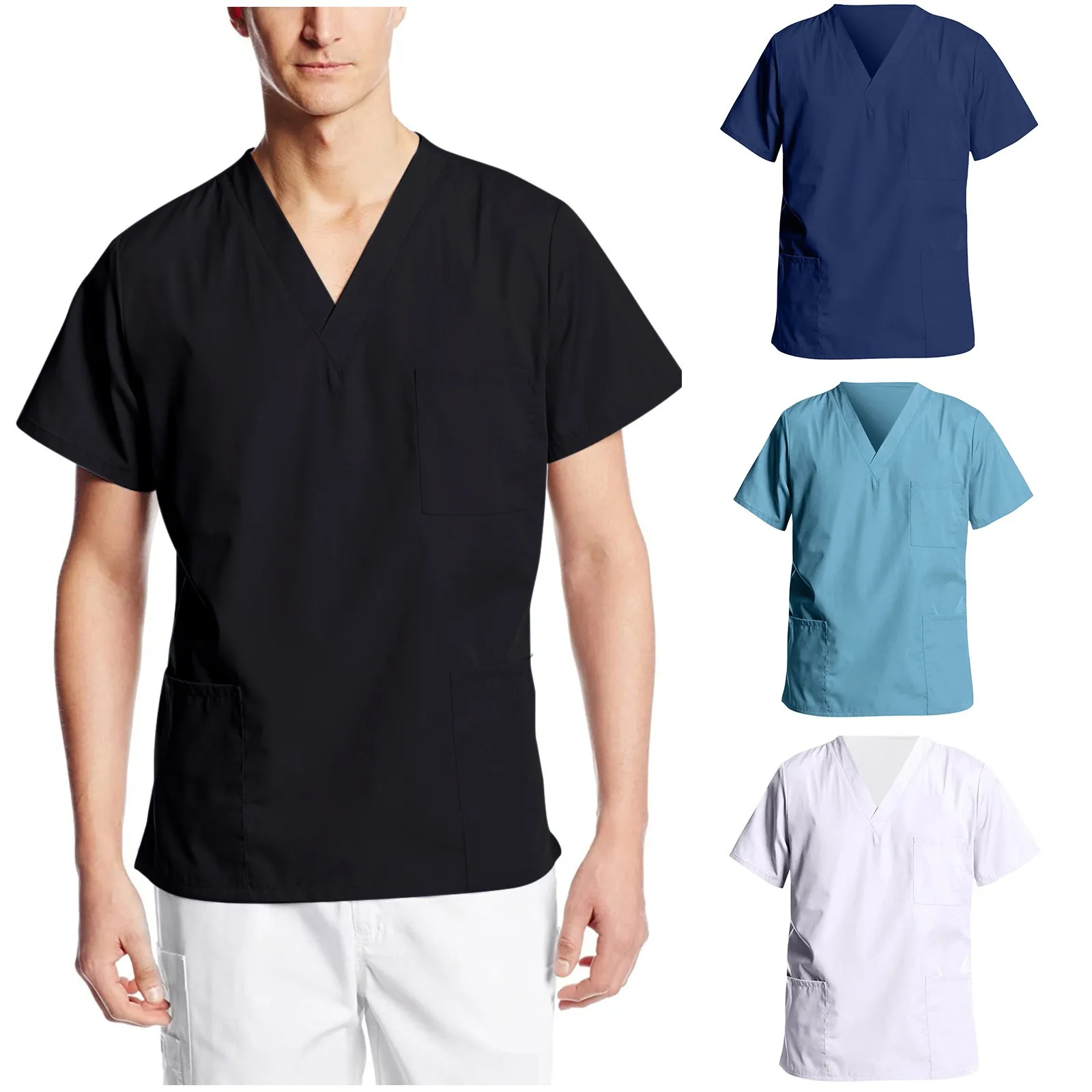 

Men Nursing Work Uniform Solid Short Sleeve V-Neck Tops T-shirts With Pockets Casual Blouse Beautican Doctor Workwear 2021 A50