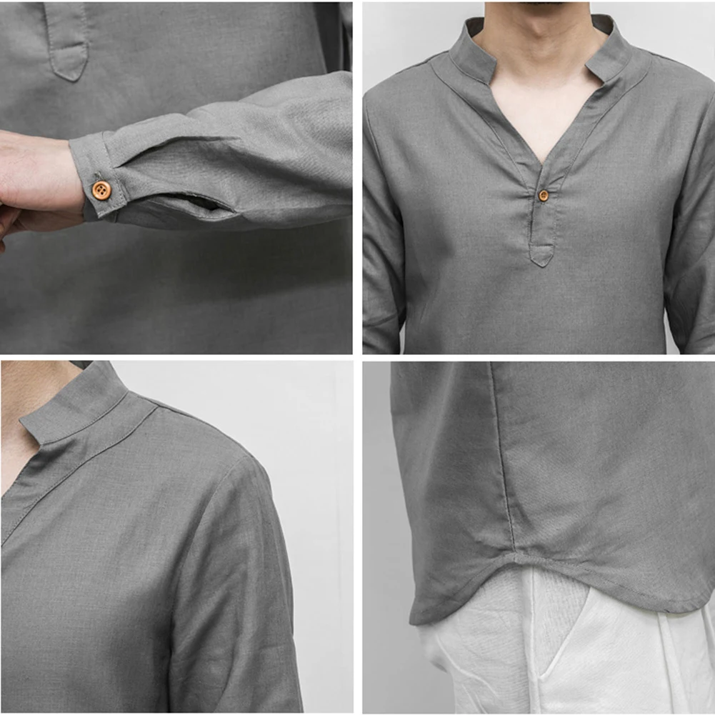 

Vintage Men Solid Color Long Sleeve V Neck Linen Cotton Button Pullover Shirt New Style Loose Casual All-match Top