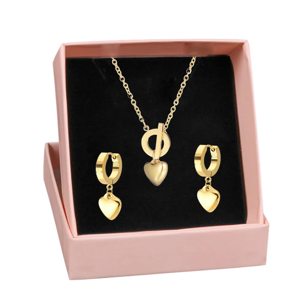 

Rose Gold Titanium Steel Inlaid Zircon Heart Pendant Necklace Earring Set Crystal Wedding Jewelry Gift
