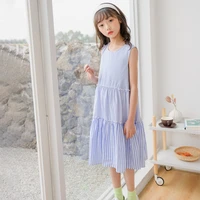 2021 new fashion baby girls blue striped patchwork dresses sleeveless summer dress cute children holiday beach clothes 6 8 10 y
