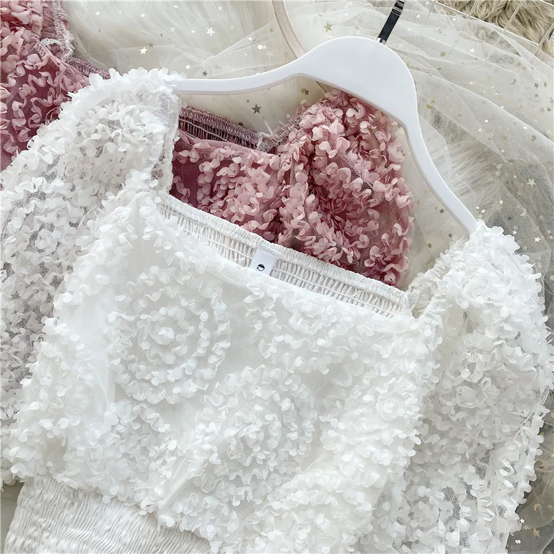 

Sexy Square Collar Chiffon Folds Shirts 3D Flowers Spring Retro Hollow Waist Short Long Lantern Sleeve Pleated Blouses Crop Tops