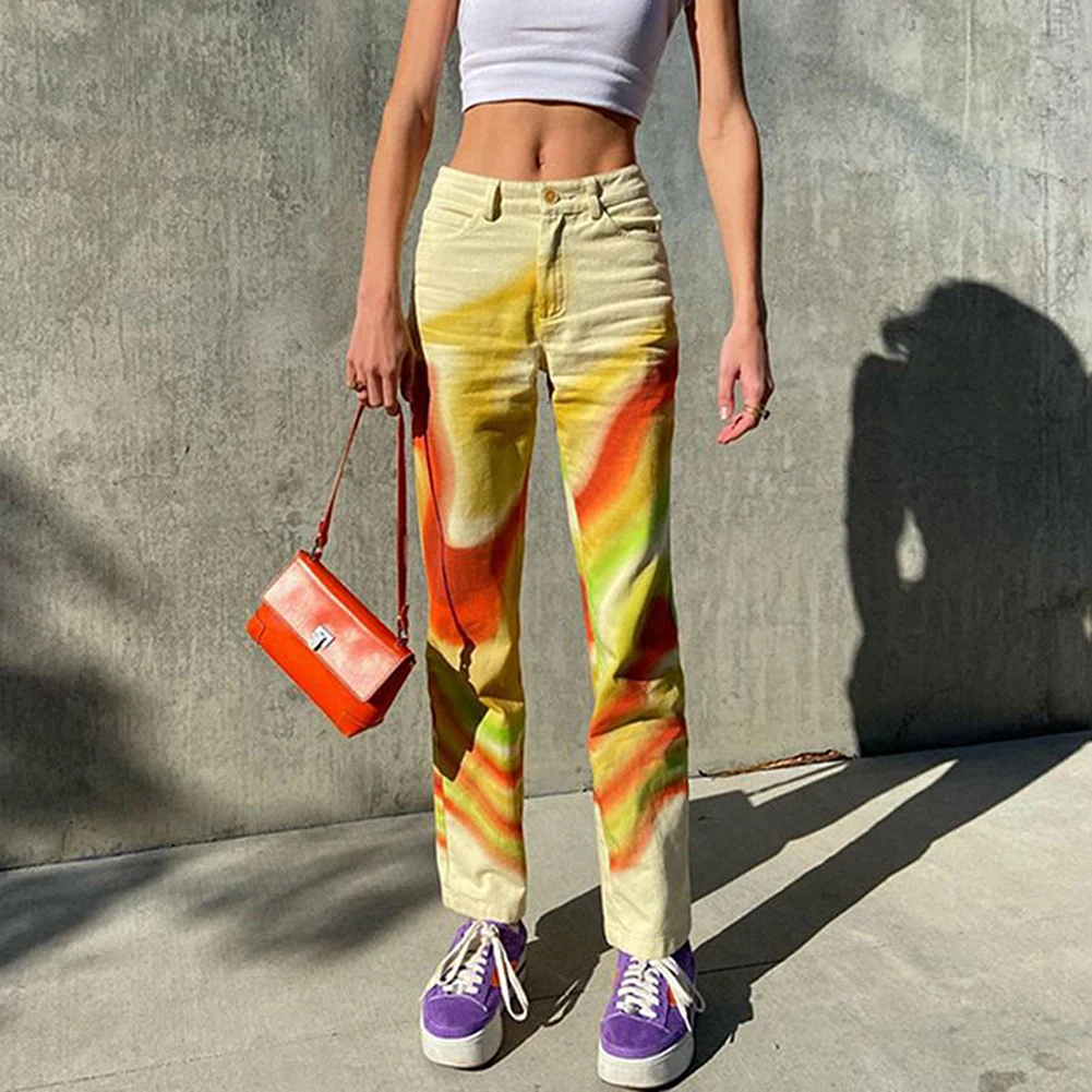 

Y2k Pants Casual Pants Streetwear Harajuku High Waist Straight Pants Loose Slim Fashion Personality Hit Color Printing Autumn