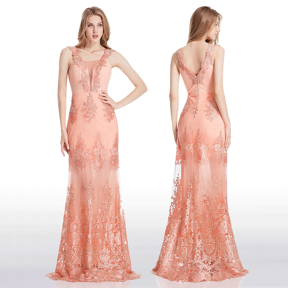 V neck pink Angel-fashions вечернее платье с цветочной вышивкой на тонких бретельках длинное свадебное платье русалки небесно-голубое 432 - Цвет: V neck pink