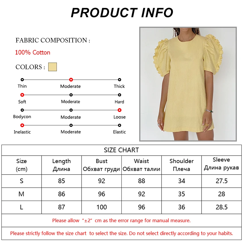 

OOTN Yellow O-Neck Puff Sleeve Cotton Summer Light Dress Women Ruffled Pleated Zipper Mini Casual Sundress Female Loose Beach