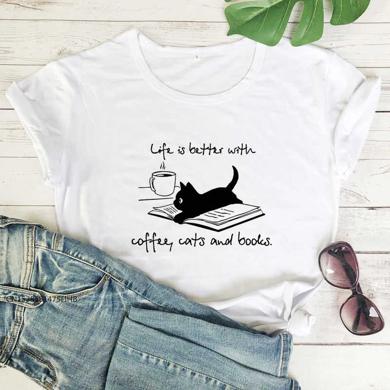 

Life Is Better With Coffee Cats And Books T-Shirt Cute Cat Mom Gift Tshirt Funny Summer Graphic Reading Tee Shirt Top Premium