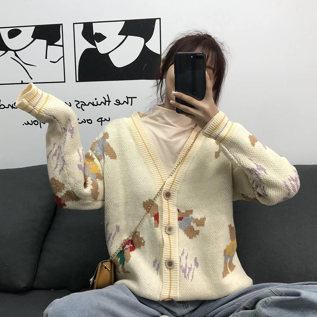 

Autumn Winter Cartoon Bear Jacquard Sweater Cardigan V-Neck Single Breasted Outwear Preppy Style Oversize Jumpers Loose Cardigan