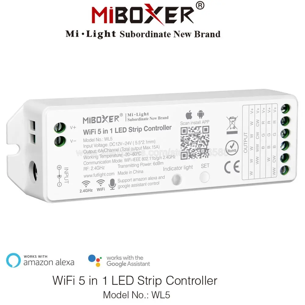 MiBoxer WL5 5 в 1 Wi-Fi светодиодный контроллер для одноцветного CCT RGB RGBW + Светодиодная