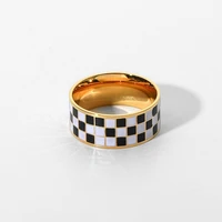 new vintage stainless steel emanel grid ring for women gold color metal checkerboard finger ring fashion jewelry