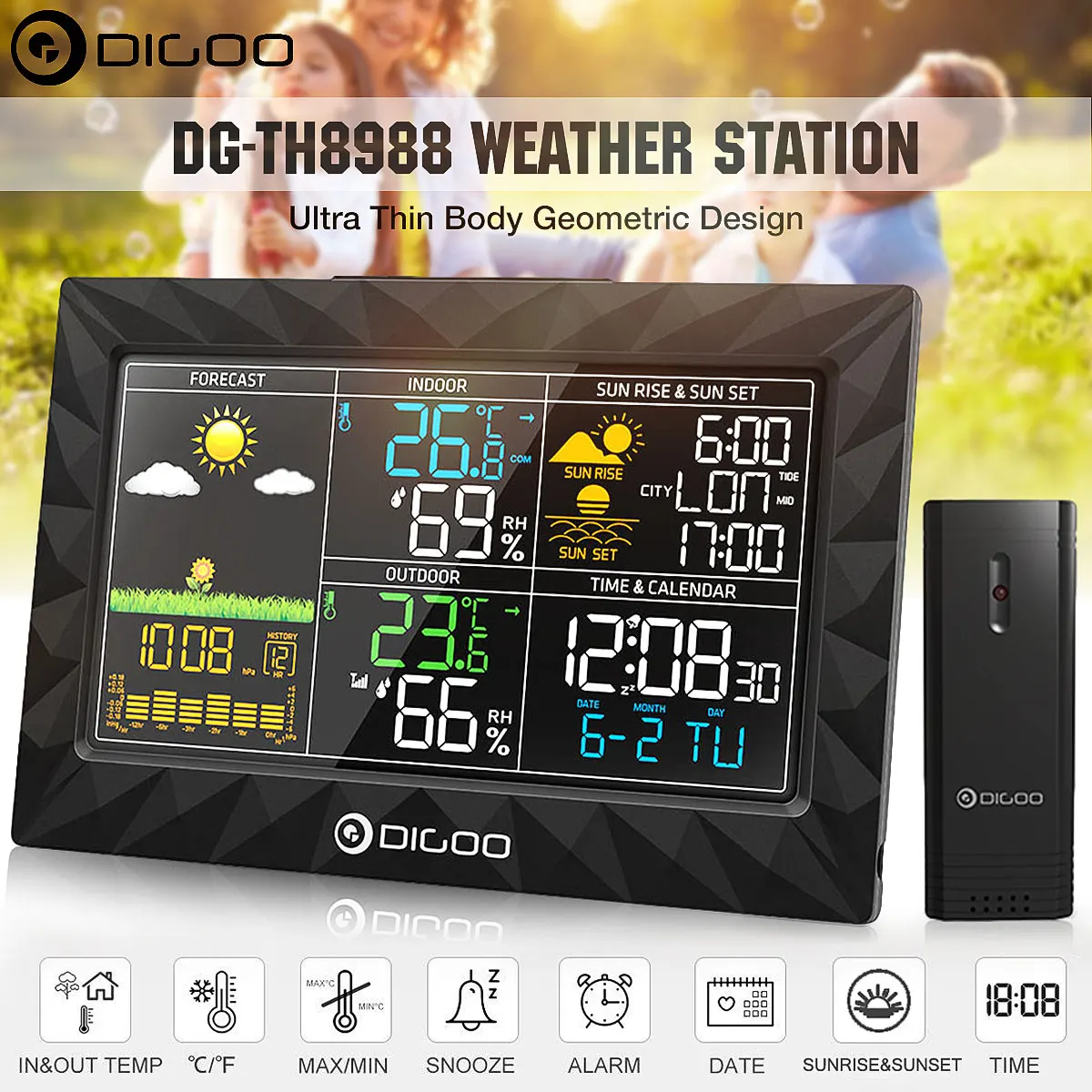 

DIGOO DG-TH8988 LCD Indoor Outdoor Weather Station Thermometer Humidity Barometer Snooze Alarm Clock Sunrise Sunset Calendar