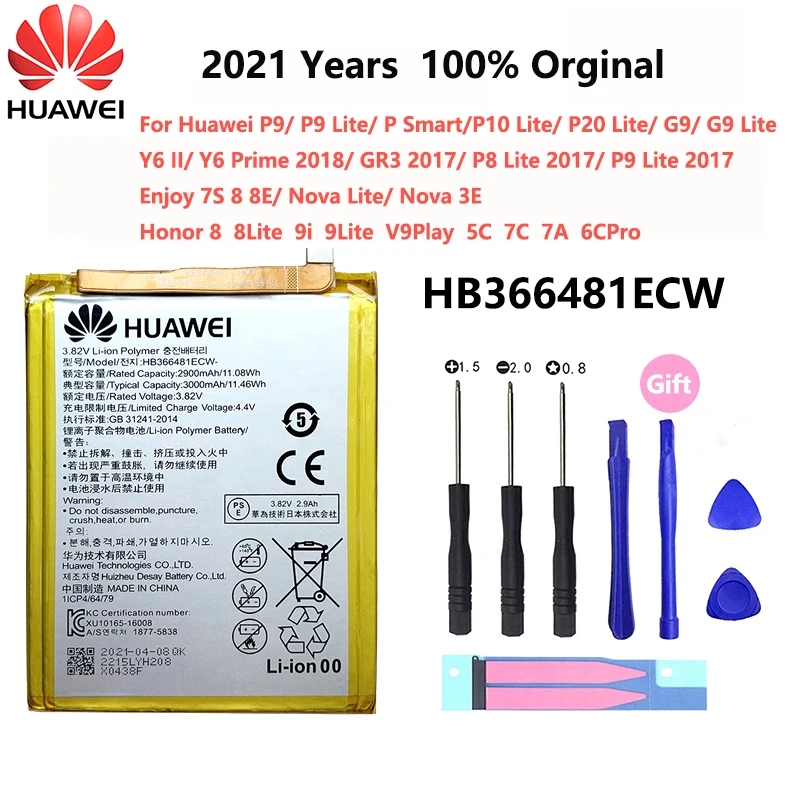 Bater&iacute;a de tel&eacute;fono HB366481ECW original, 100% mAh, repuesto para Huawei P9, P10, P20 Lite, P Smart Honor 8, 9, 5C, 7C Lite, 3000-0