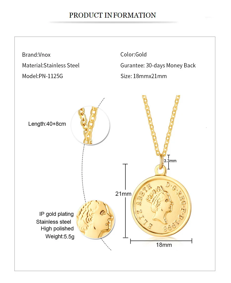 Vnox British Queen Elizabeth Coin Necklaces for Women Gold Tone Stainless Steel Adjustable Length Chic Necklace Dropship