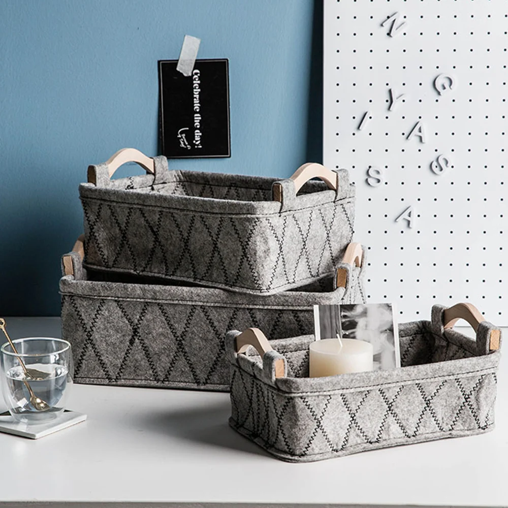 Серая войлочная корзина для хранения с деревянной ручкой простой Настольный