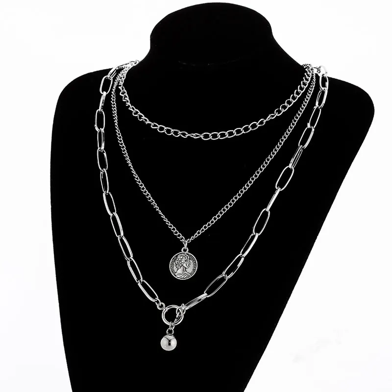 Head Ball Silver Женское многослойное ожерелье KMVEXO, серебряные цепи с крестиком - Окраска металла: Head Ball Silver