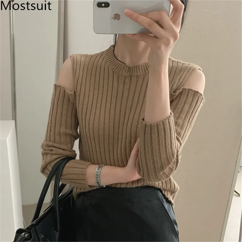 

Korean Shoulder Open Knitted Sweaters Pullovers Women 2022 Winter Long Sleeve O-neck Slim Fashion Ladies Tops Jumpers Femme