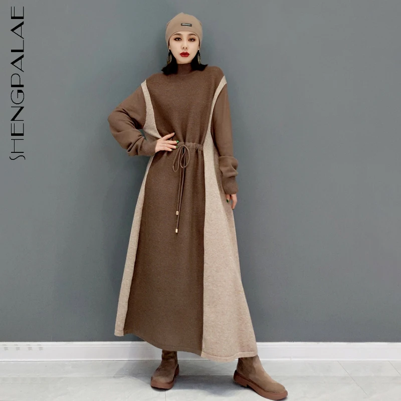 

SHENGPALAE модное контрастное цветное трикотажное платье для женщин осень 2021 новые платья до середины икры с круглым вырезом и длинным рукавом