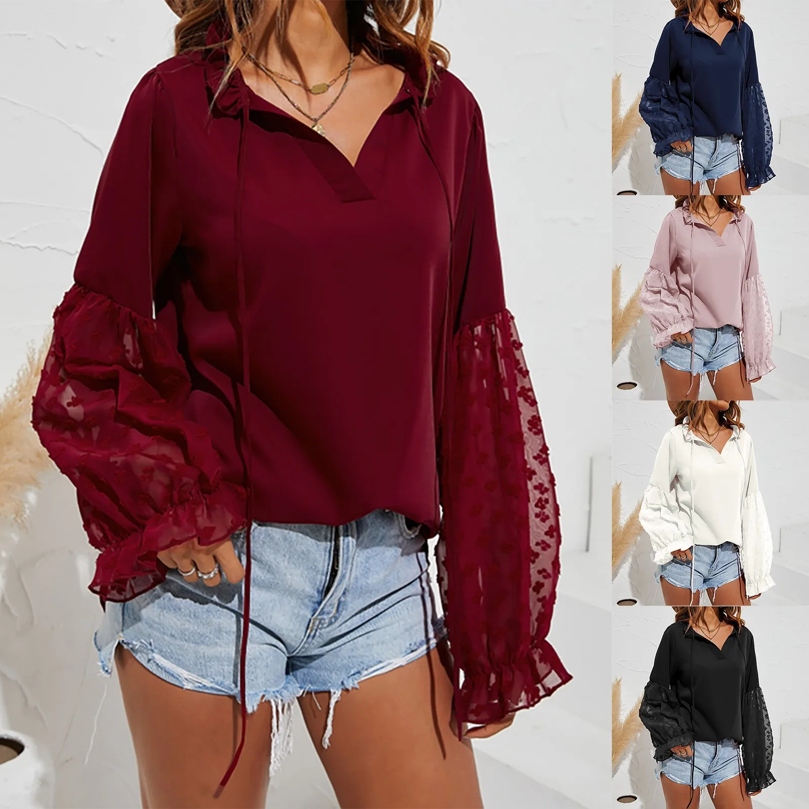 

2021 Women's Solid Color Jacquard Long-sleeved Shirt Stitching Top