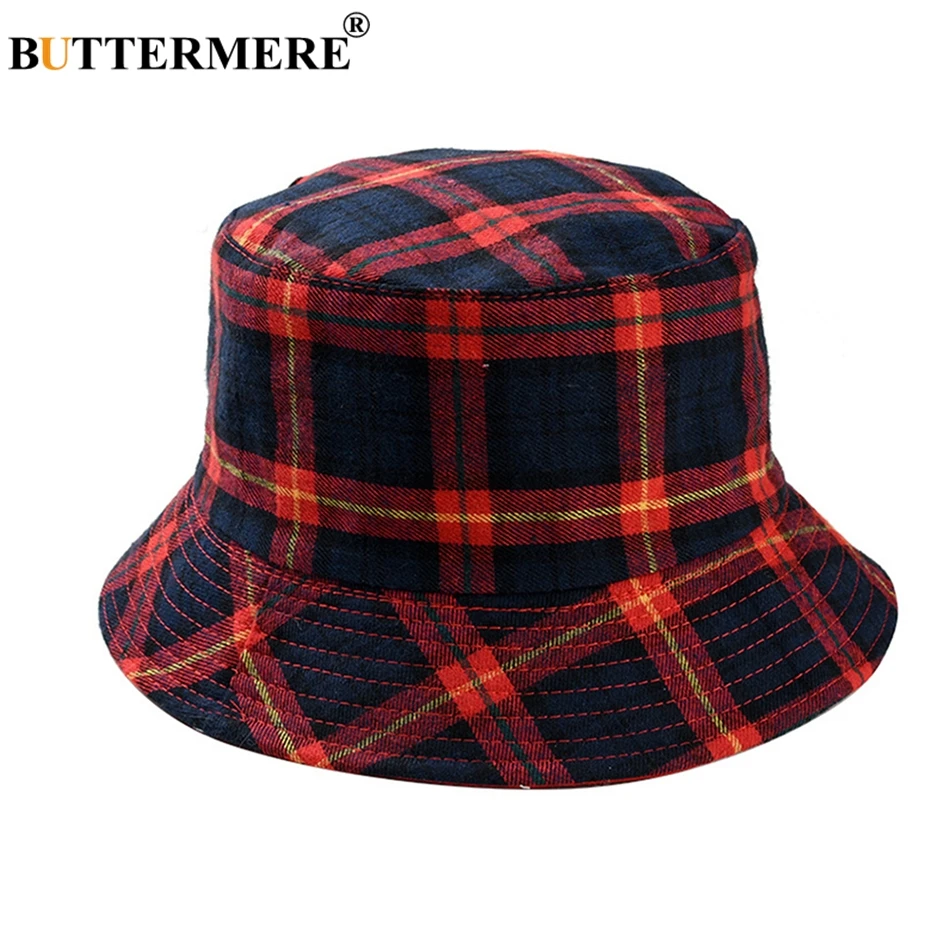 BUTTERMERE Reversible Bucket Hat Women Yellow Plaid Folding Fishing Hat Men Cotton Casual Female Colored Spring Male Bob Hats