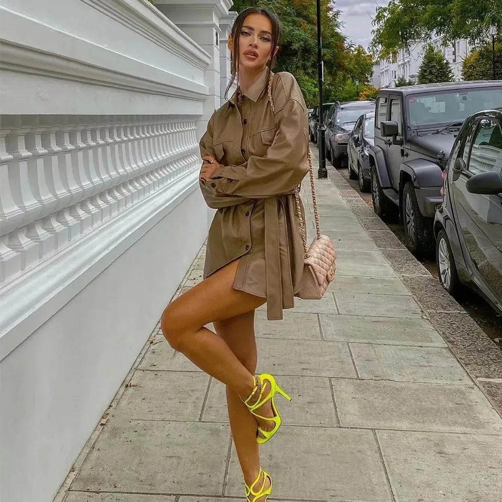 

2020 Winter Chic Fashion Womens Casual PU Leather Coat Solid Warm High Street Jacket with Belt Loose Clothes Brown