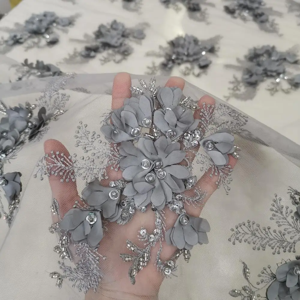 Серебряный/серый цвет 3d цветок ручной работы вышитый бисером кружевной ткани Африканский дизайн кружева Заводская цена 5 ярдов за лот - Цвет: silver flower