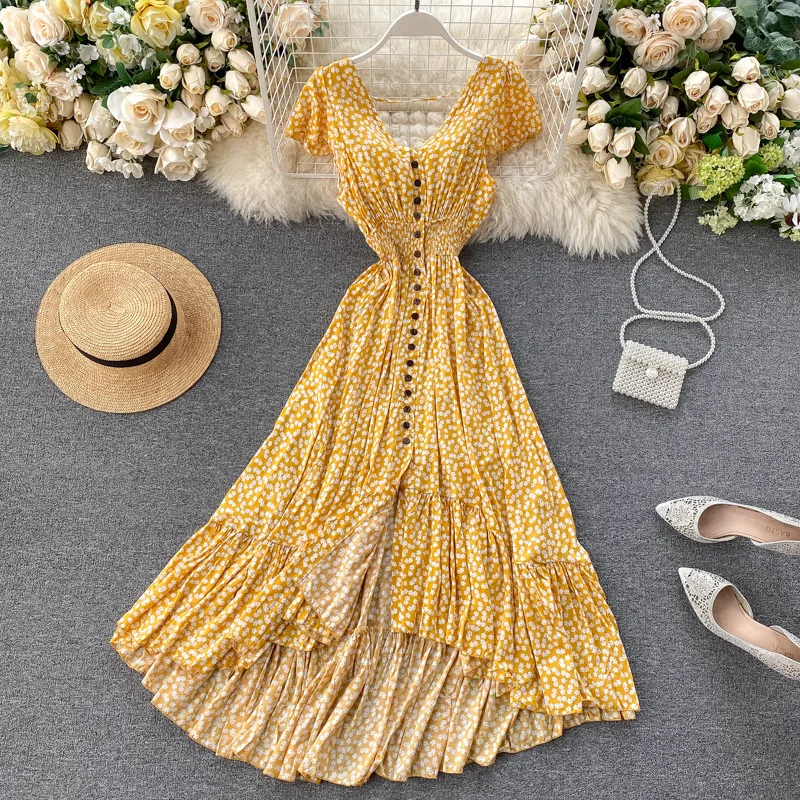 Женское летнее платье макси с цветочным принтом богемное асимметричное рюшами и