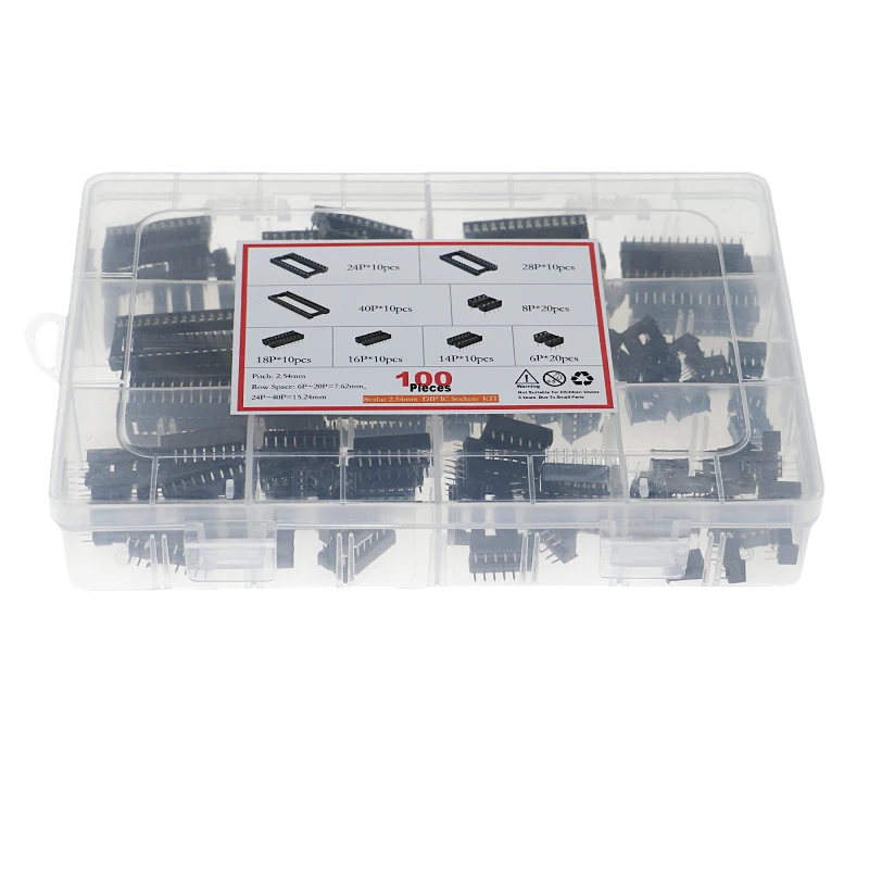 

100pcs 8 specifications 2.54mm pitch 6P8P14P16P18P24P28P40P in-line IC socket PBC