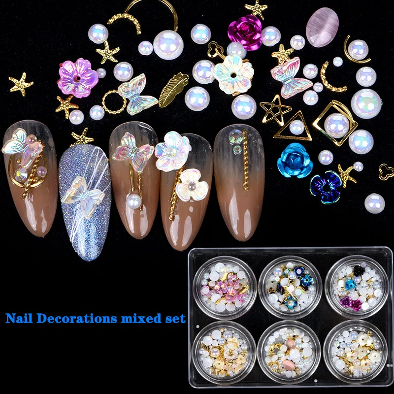

6pcs Set Metal Rivet ABS Pearls 3D Flowers Rhinestones Mix Nail Art Accessories for Nails Art DIY Hand Craft