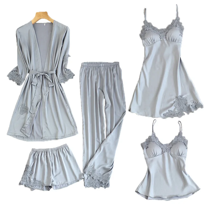 

Женские пижамные комплекты, Шелковый банный халат, одежда для сна, элегантные сексуальные кружевные модные весенне-осенние домашние халаты...