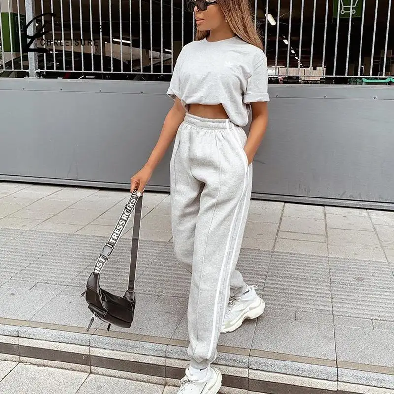 Повседневные серые брюки для женщин Свободные в полоску сбоку Осенние с высокой