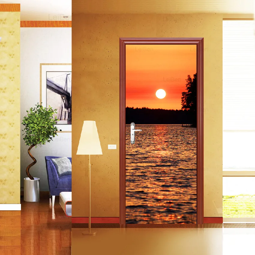 

Self Adhesive 3d Door Stickers Sunset Dusk Lake Landscape Waterproof Wallpaper Home Decor Picture Art Renovation Living Room