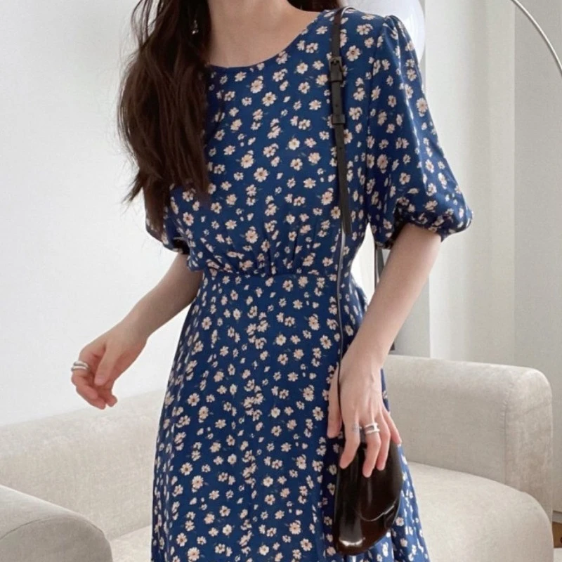 

Summer Korea New Fashion Maxi Dress for Women Puff Sleeve Print High Waist Slim Dress Sweet Vintage Floral Dress Vestidos