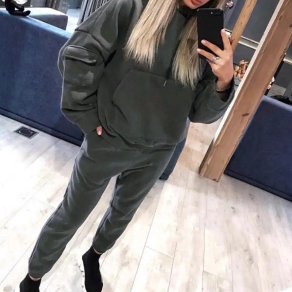 

High quality street trend casual women's plain color hoodie suit Spring and Autumn Street Skateboarding casual pocket hoodie and