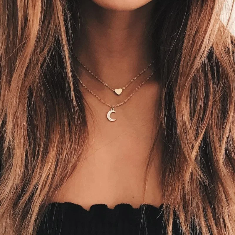 

Simple Peach Heart Rhinestone Moon Fashion Double Necklace Women's Love Clavicle Chain Short Temperament High Quality Necklace