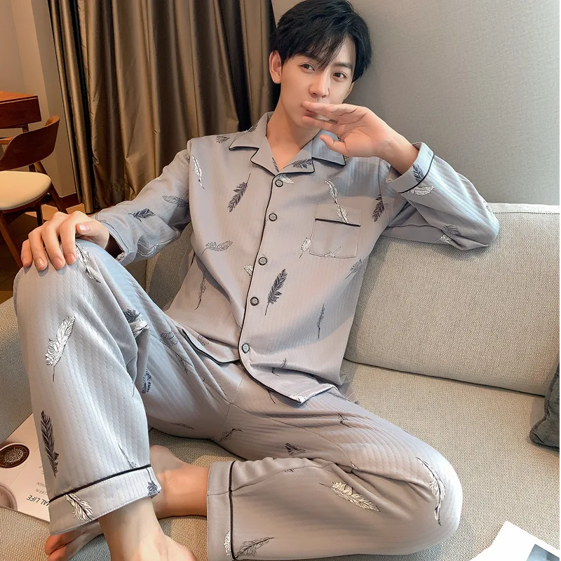 

Silver Grey Men's Cardigan Small Lapel Casual Men's Pajamas Young and Middle-aged Home Autumn and Winter Cotton Jacket Set
