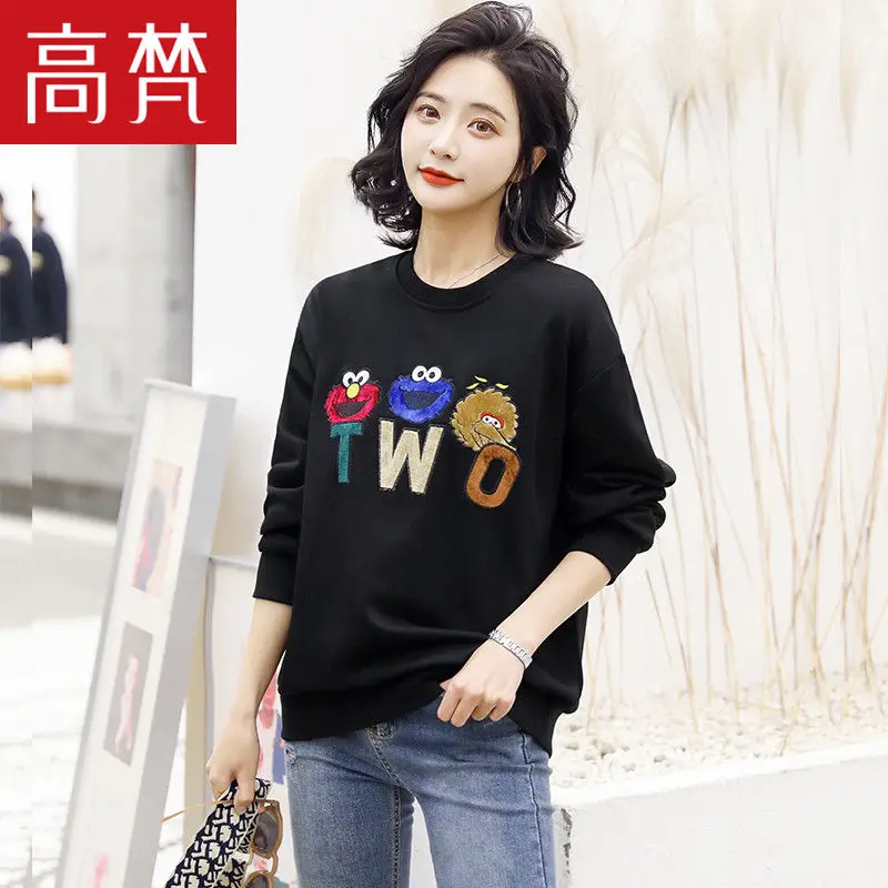 

Gofan 2020 new print solid round neck cotton sweater bottom coat large size fashion Korean loose top female