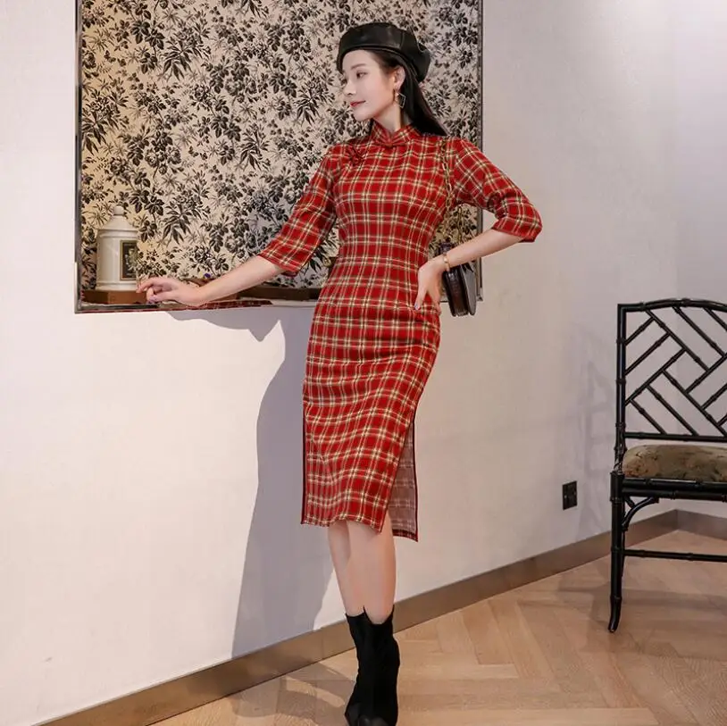 1 Осень китайский cheongsam qipao женское сексуальное платье с разрезом Женская традиционная одежда винтажная клетчатая qipao красный синий 3XL - Цвет: 1