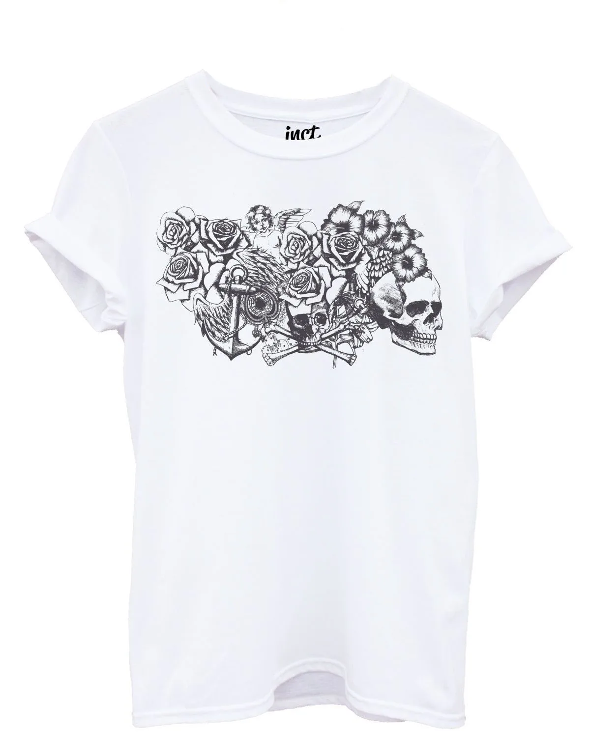 Херувим белая футболка Череп Розы крест четки бисер эмо графический дизайн
