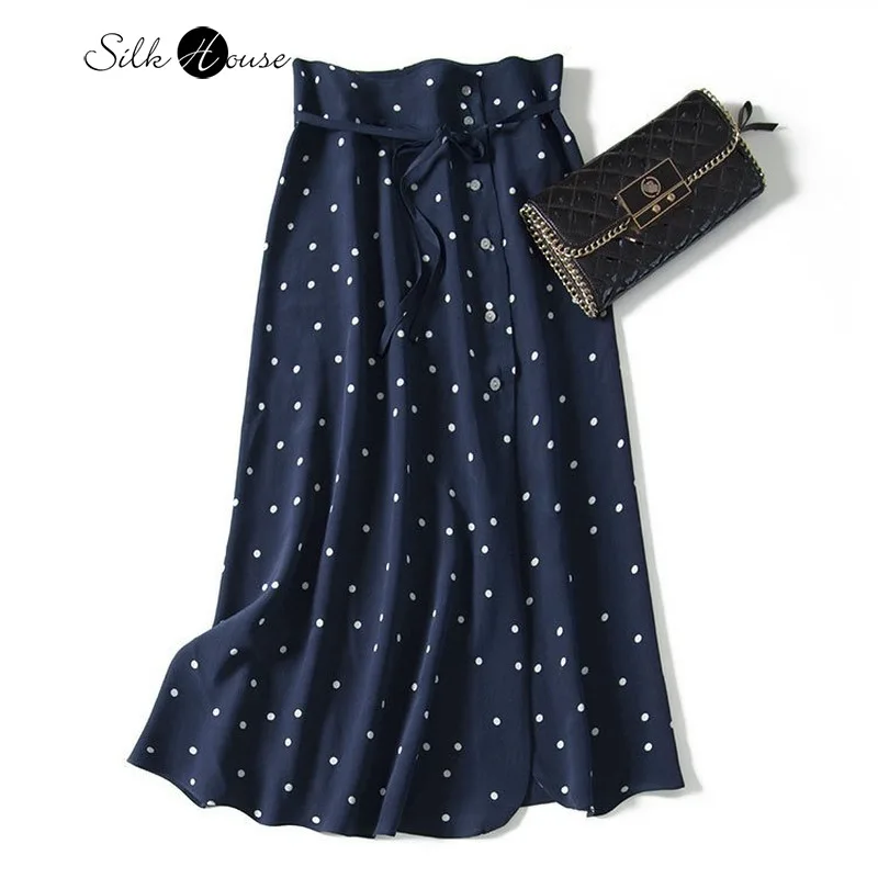 Элегантная Шелковая юбка А типа в бело синюю горошек 2020 модный новый