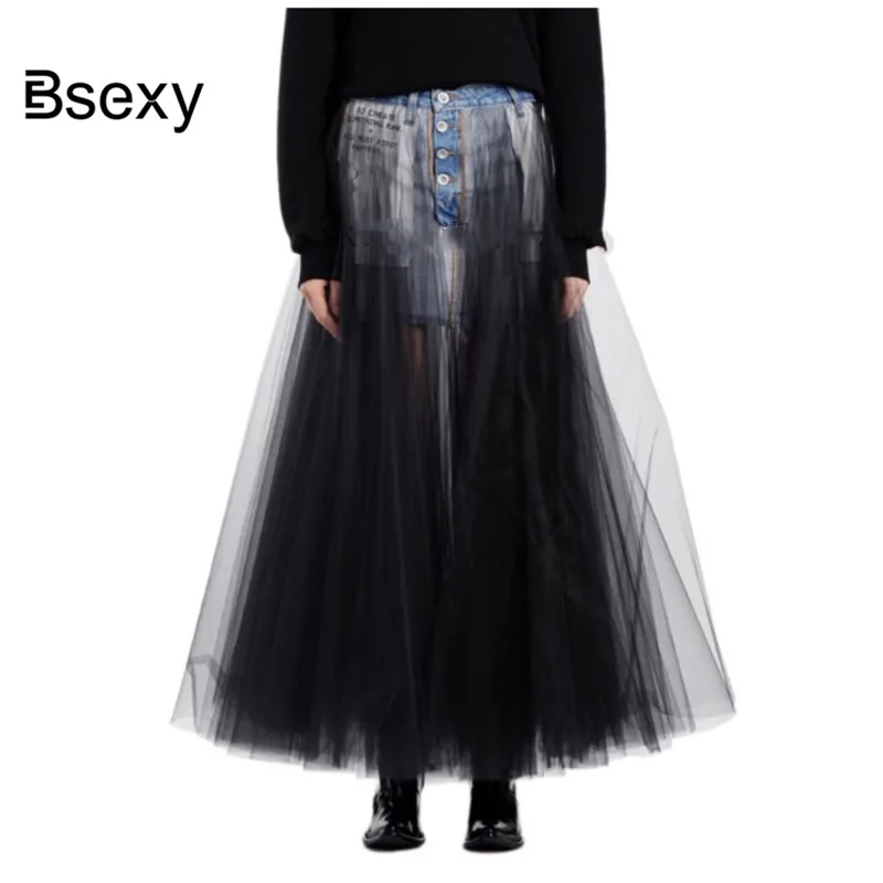 

Fashion Denim Spliced Black Mesh Long Skirts WOmens 2019 High Waist See Though Ball Gown Runway Women Maxi Tulle Jeans Skirt