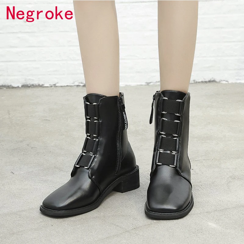 

2020 New Women Chunky Heel Ankle Boots Woman Shoes Autumn Winter Designer Styled Boots Female Black PU Leather Zapatos Mujer