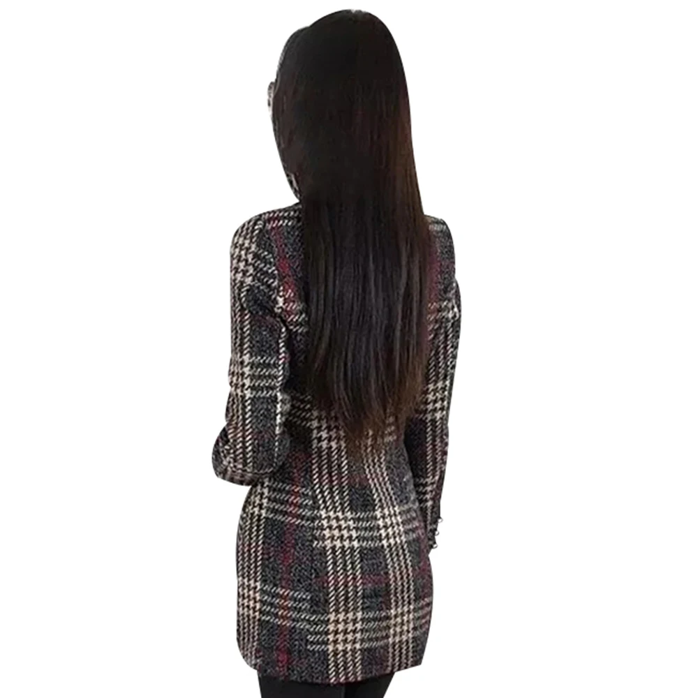 Клетчатое длинное пальто модное женское двубортное зимнее элегантное тонкое