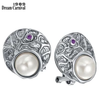 dreamcarnival1989 new delicate round stud earrings for women simulated pearl barroco antique female jewelry purple zircon we3997